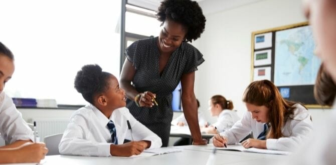 Teacher assisting students wearing uniforms